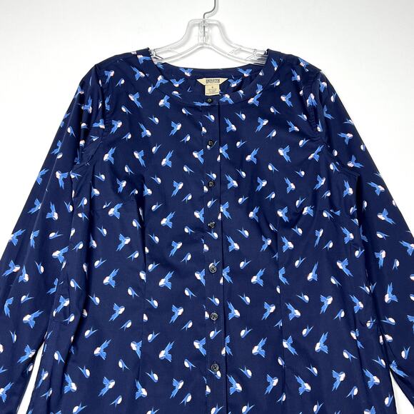Duluth Trading Co Button Up Novelty Bird Print Tunic Shirt Dress Blue Womens - Picture 2 of 10